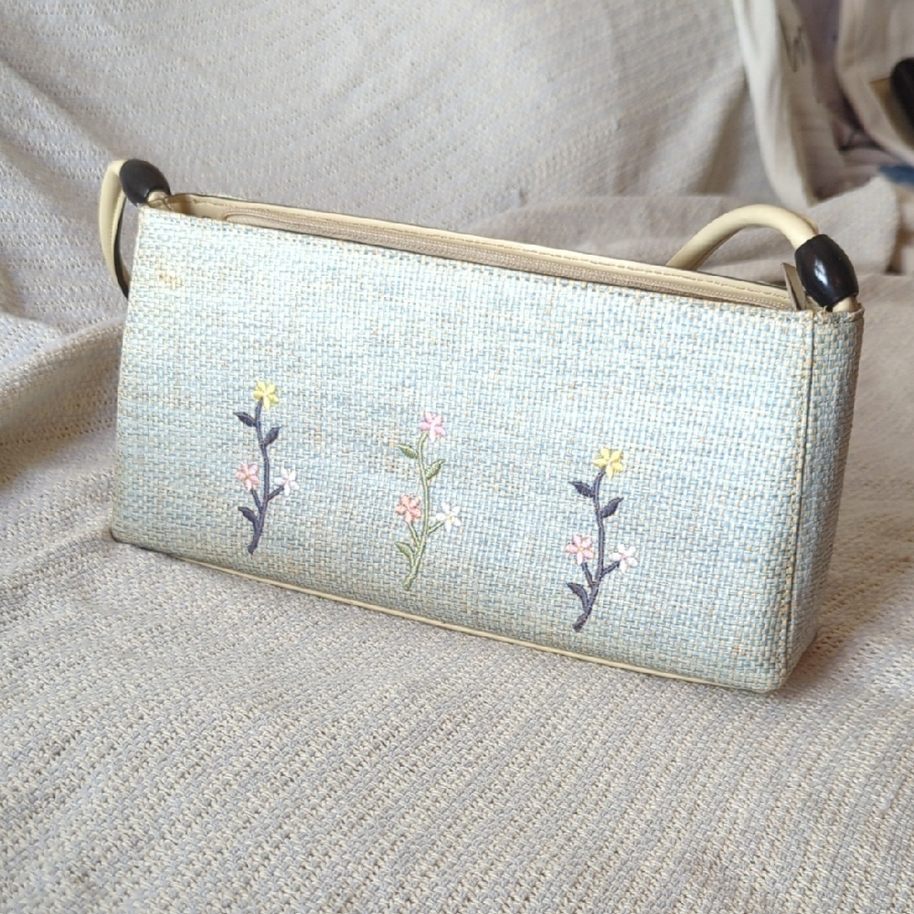 Blue and Cream Mini Bag with Floral Embroidery